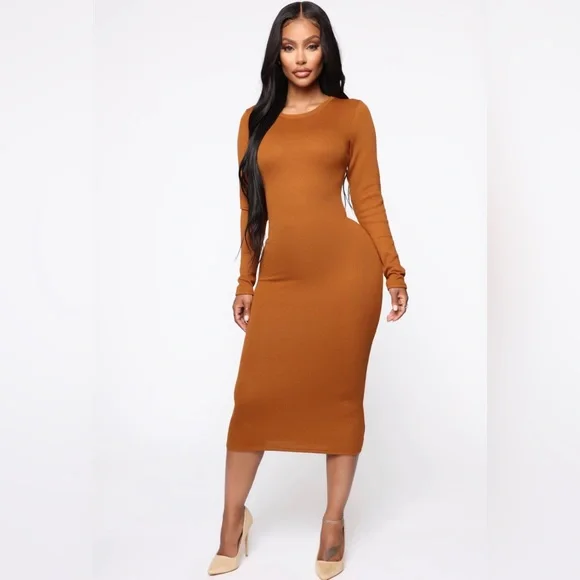 Fashion Nova | Dresses | Rameena Long Sleeve Midi Dress Cognac | Poshmark